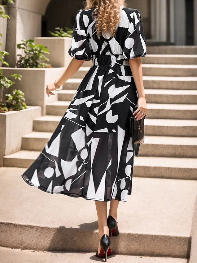 Schwarz-weißes Maxikleid: Grafik-Print, V-Ausschnitt & elegante Puffärmel S-2XL