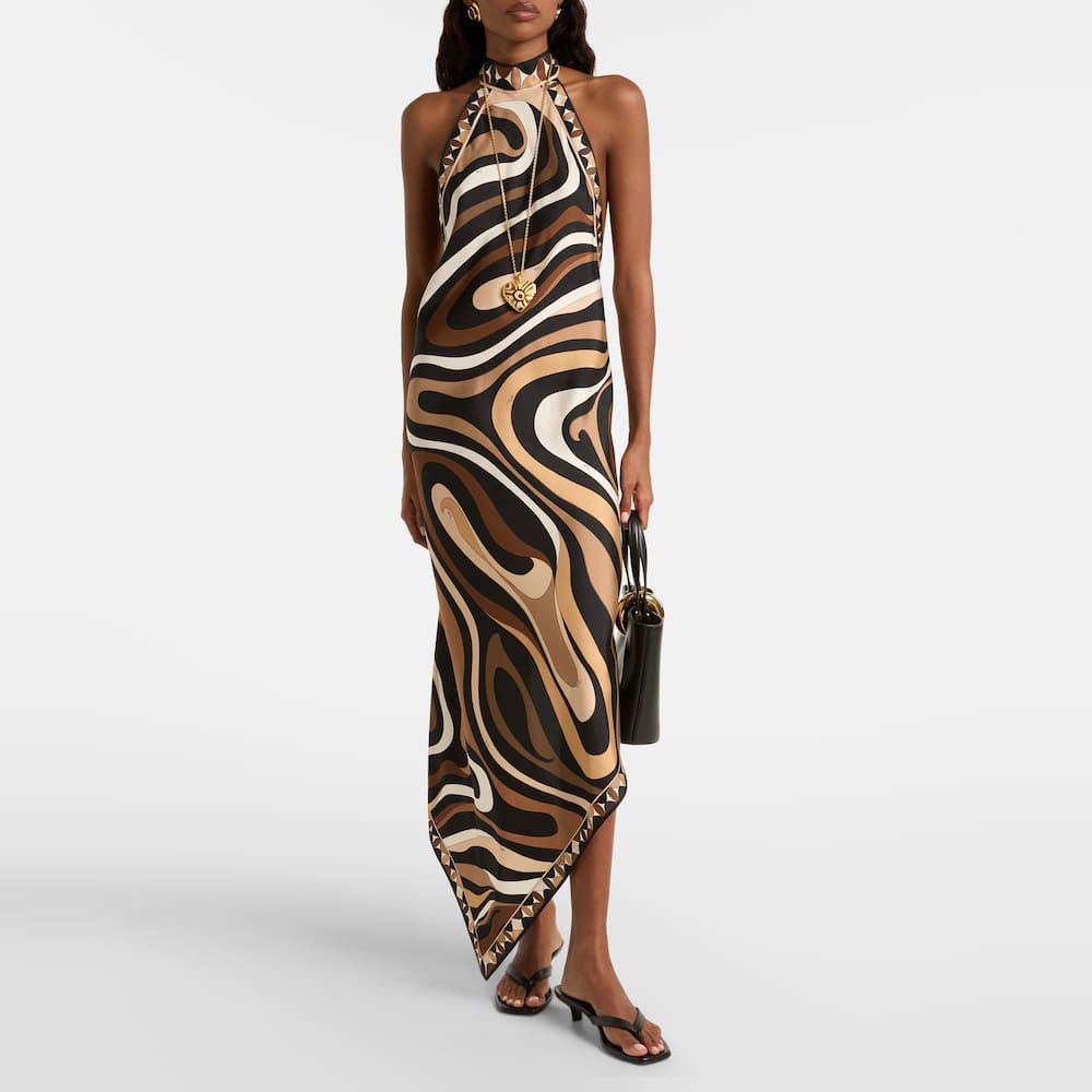Braunes Neckholder-Kleid: Zebramuster & asymmetrischer Saum-Look S-2XL
