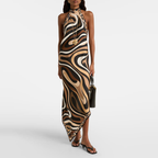 Braunes Neckholder-Kleid: Zebramuster & asymmetrischer Saum-Look S-2XL