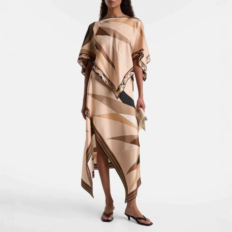 Braunes Set: Cape-Top & asymmetrischer Rock mit Grafik-Print S-2XL
