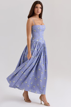 Hellblaues Midi-Sommerkleid mit Blumenmuster: Französischer Stil & Spitze S-L