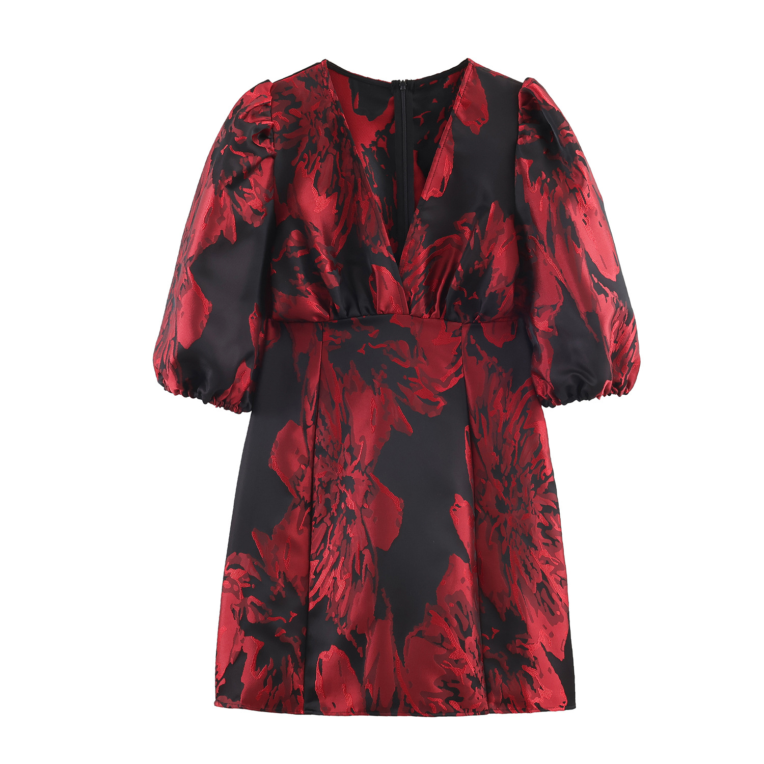 Dunkelrotes Jacquard-Kleid: V-Ausschnitt, Puffärmel & Edler Vintage-Stil S-XL