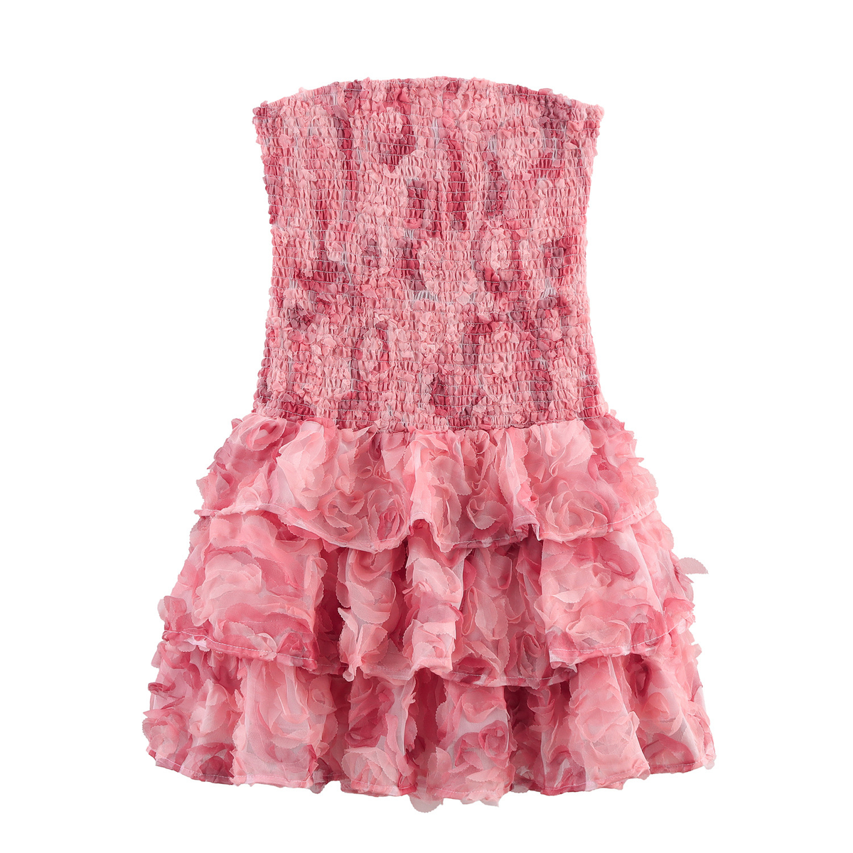 Rosa Bustier-Minikleid mit 3D-Blumen: Elegantes Stufenkleid, Party XS-L