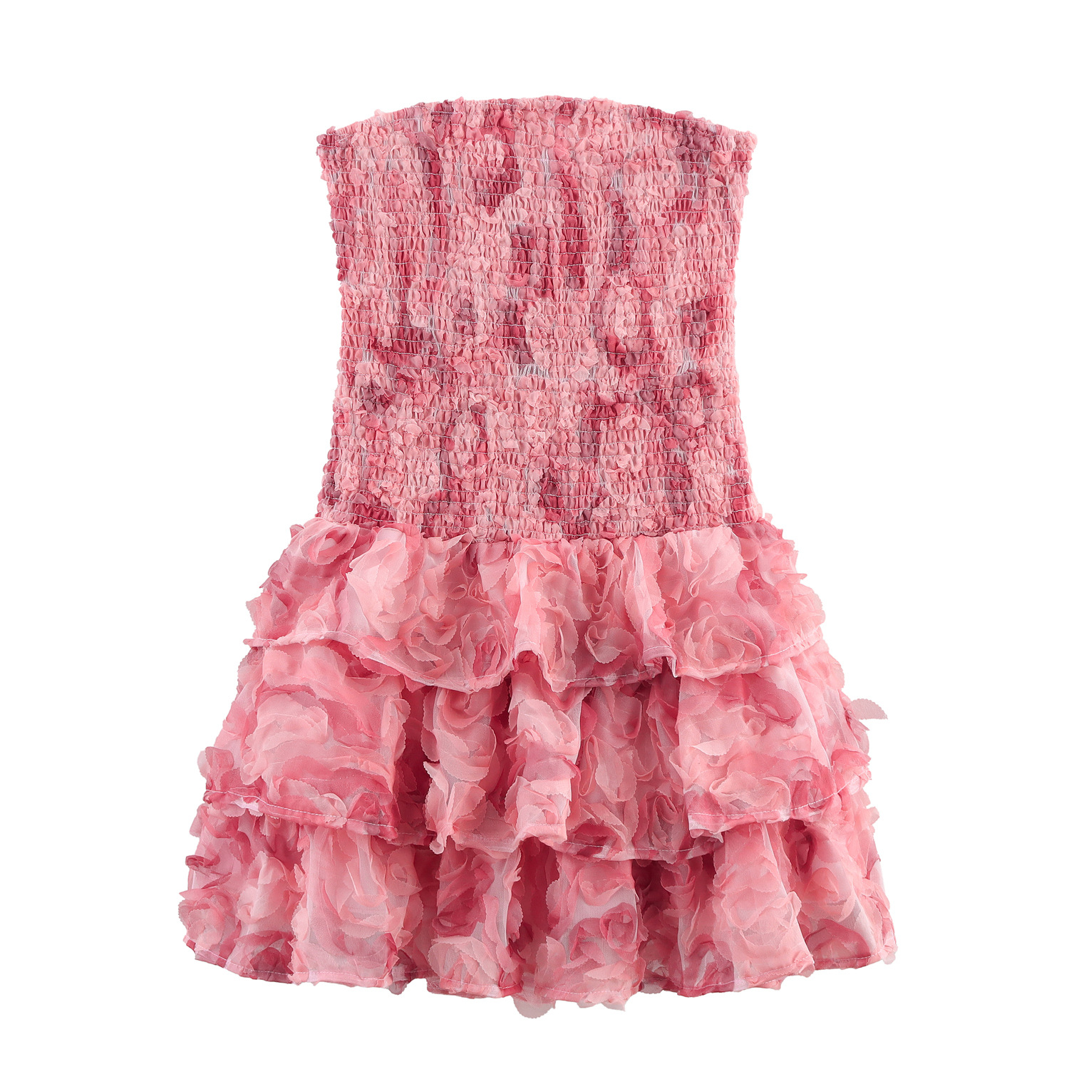Rosa Bustier-Minikleid mit 3D-Blumen: Elegantes Stufenkleid, Party XS-L