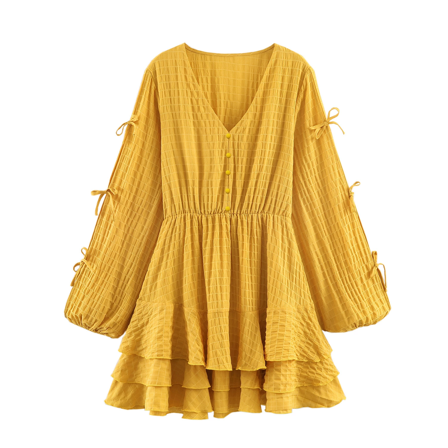 Gelbes Mini-Kleid: Strukturierter Stoff, V-Ausschnitt & Stufen-Design S-XL