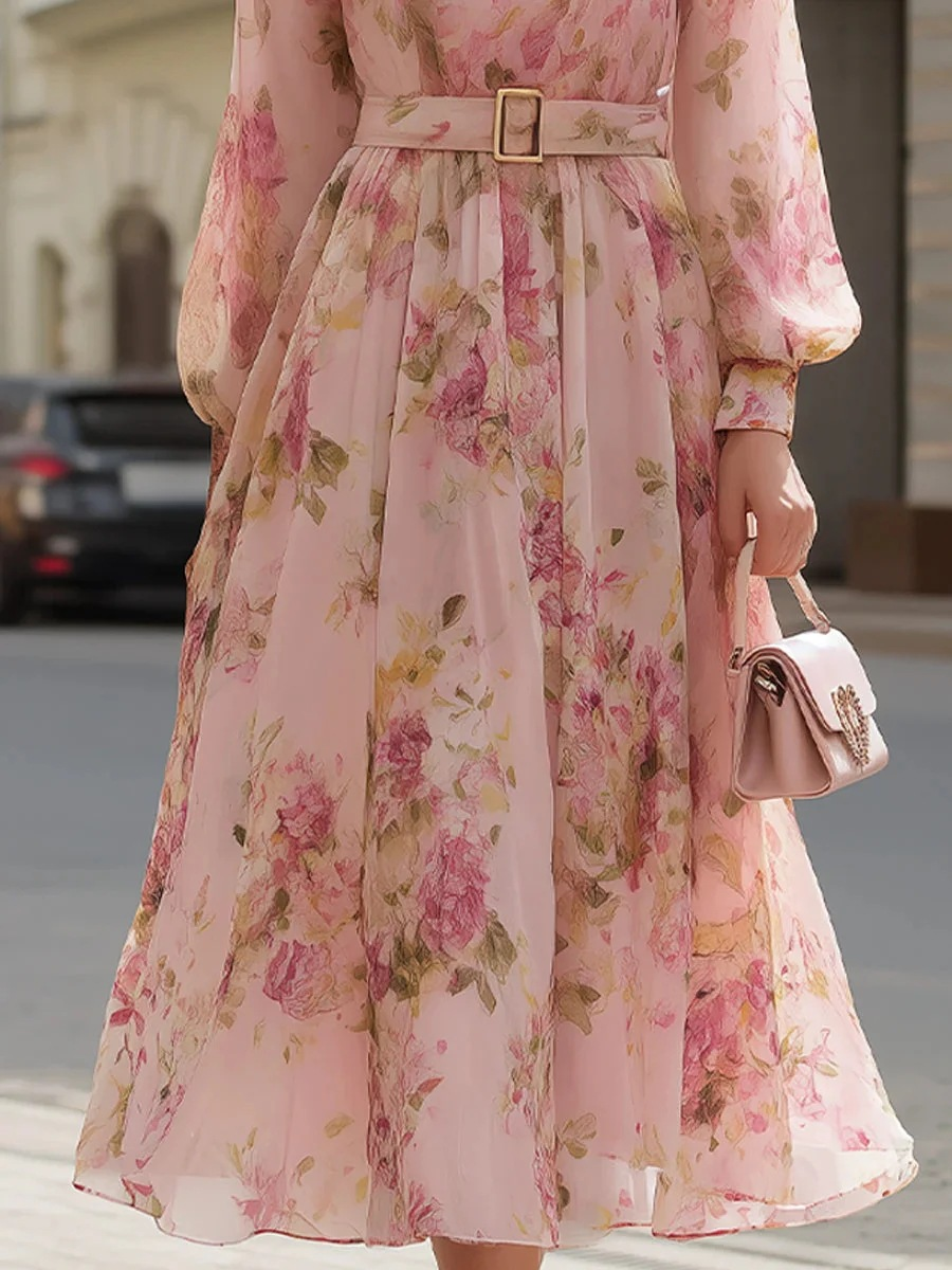 Damen Maxikleid Rosa: Elegantes Geblümtes Chiffonkleid, Langarm, Chic S-2XL