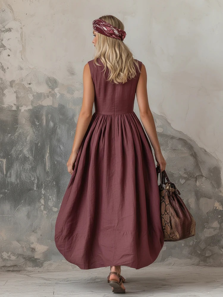 Weinrotes Leinen-Maxikleid: Ärmelloses A-Linien-Kleid mit Knöpfen S-2XL