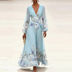 Hellblaues Maxikleid mit Blumen: Elegantes Langarmkleid mit V-Neck S-2XL