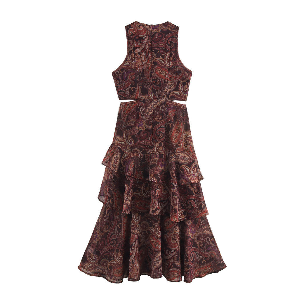 Braunes Boho-Maxikleid: Paisley-Print, Cut-outs & Stufen-Look, Chiffon XS-L