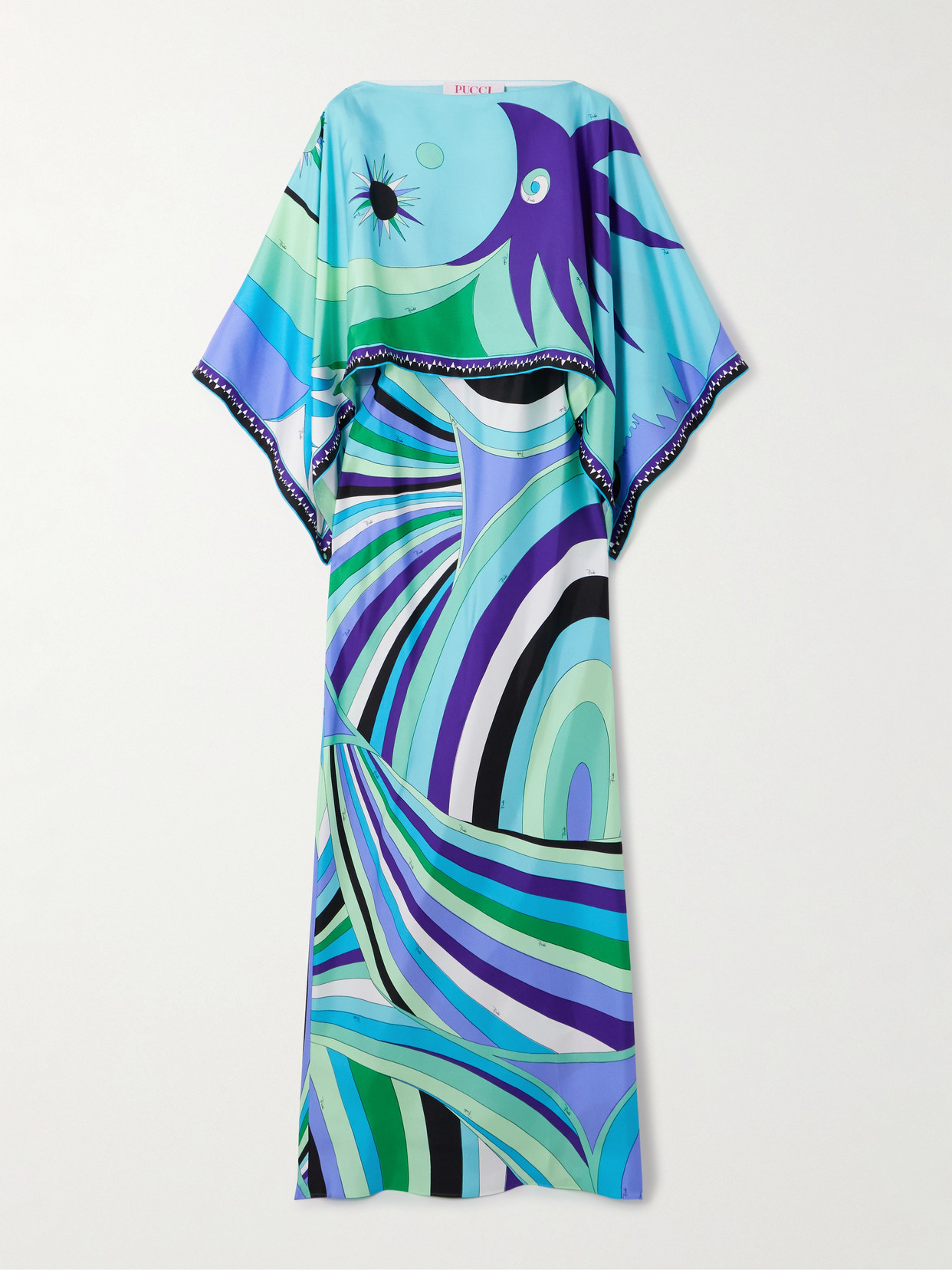 Türkises Set: Elegantes Maxikleid mit Cape & abstraktem Wellenprint S-2XL