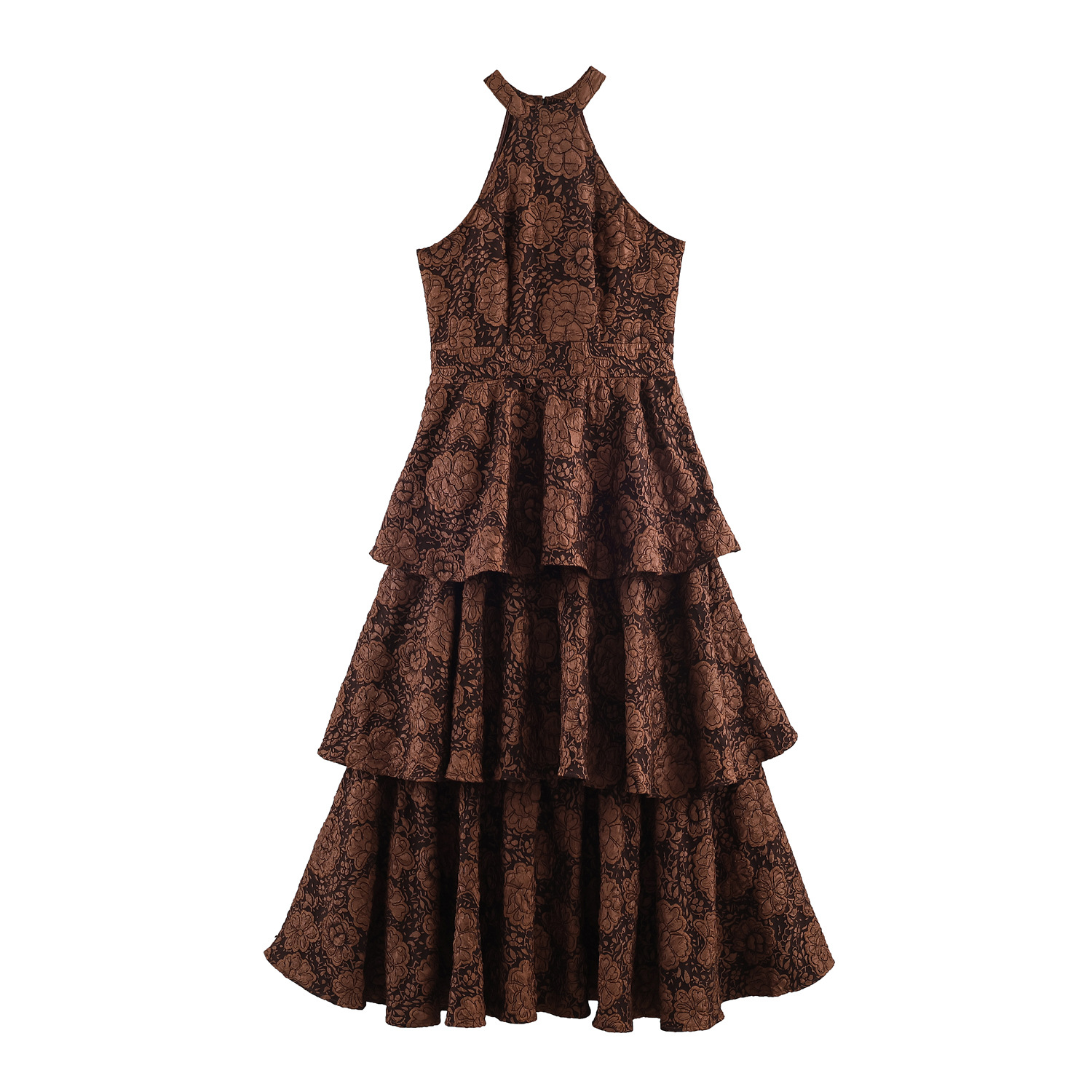 Braunes Jacquard-Maxikleid: Neckholder, Gestufter Rock & Boho-Eleganz XS-L