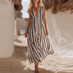 Blau-weiß gestreiftes Maxikleid: Boho Strandkleid mit V-Ausschnitt S-2XL