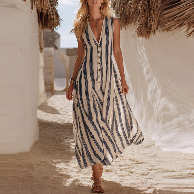 Blau-weiß gestreiftes Maxikleid: Boho Strandkleid mit V-Ausschnitt S-2XL