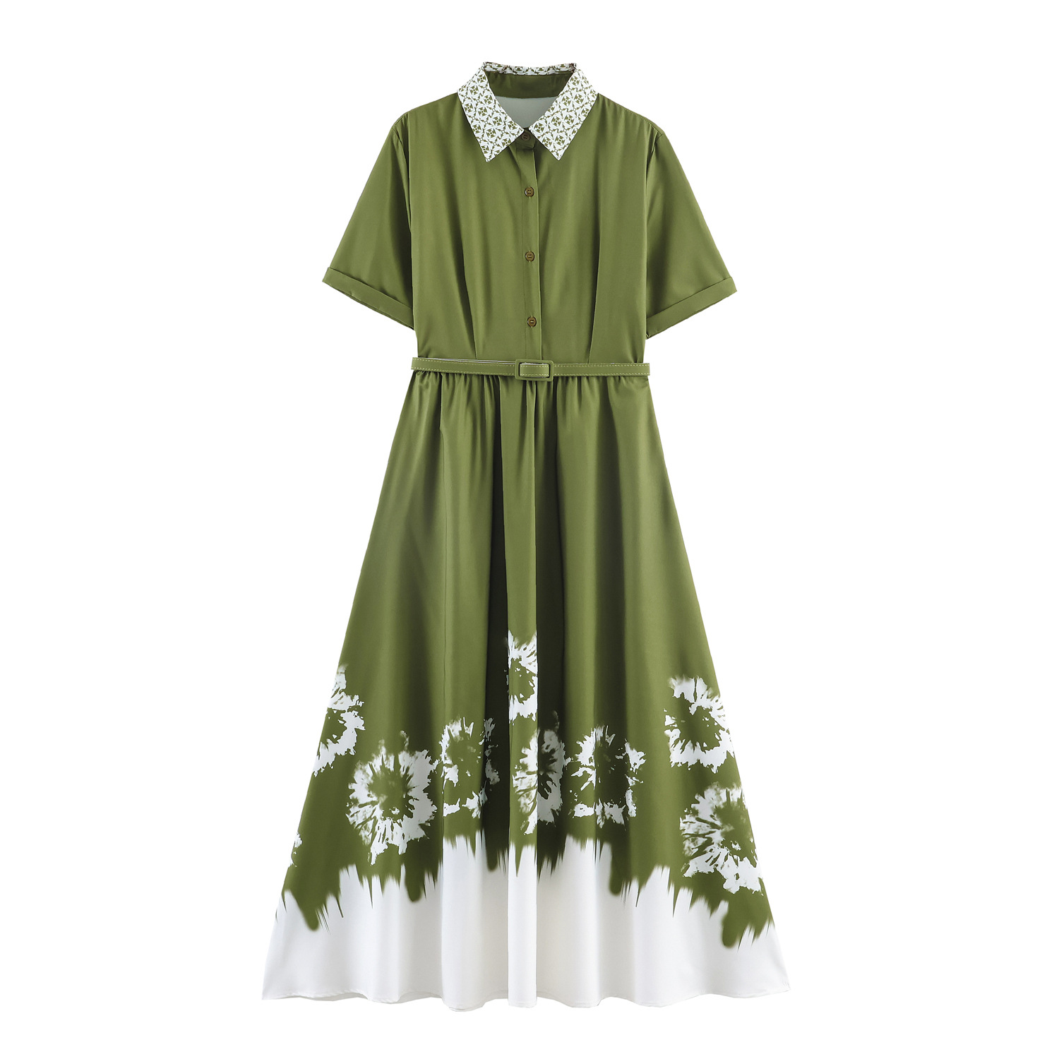 Grünes Hemdblusen-Maxikleid: Eleganter Print, Kragen & Taillengürtel S-XL