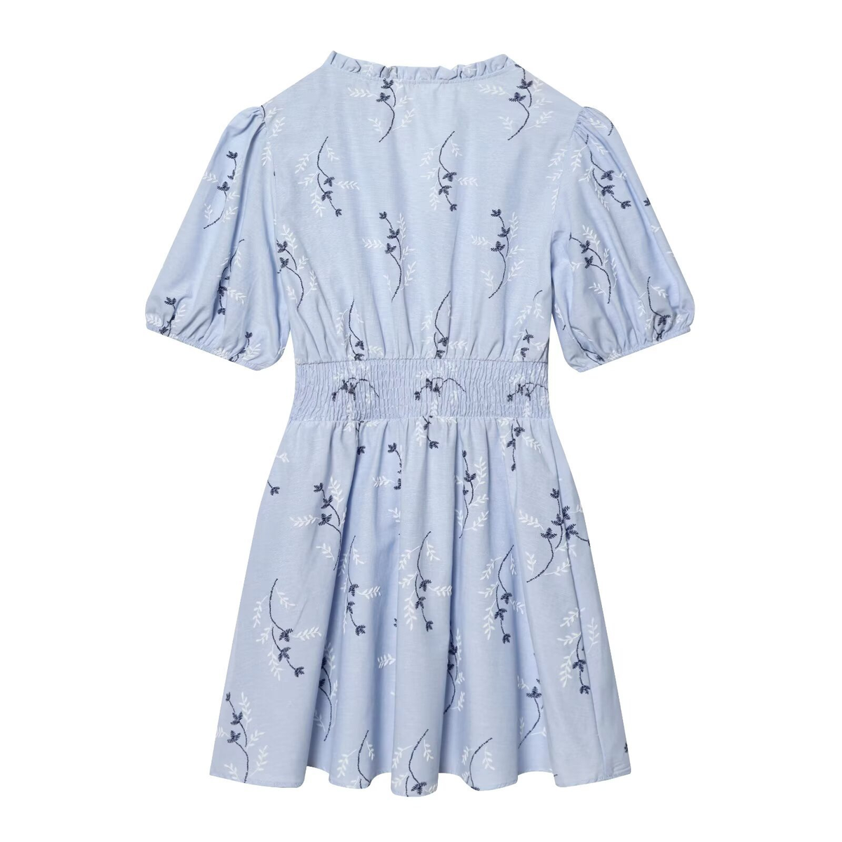 Hellblaues Sommerkleid: Elegante Stickerei, V-Ausschnitt & Taillierung S-L