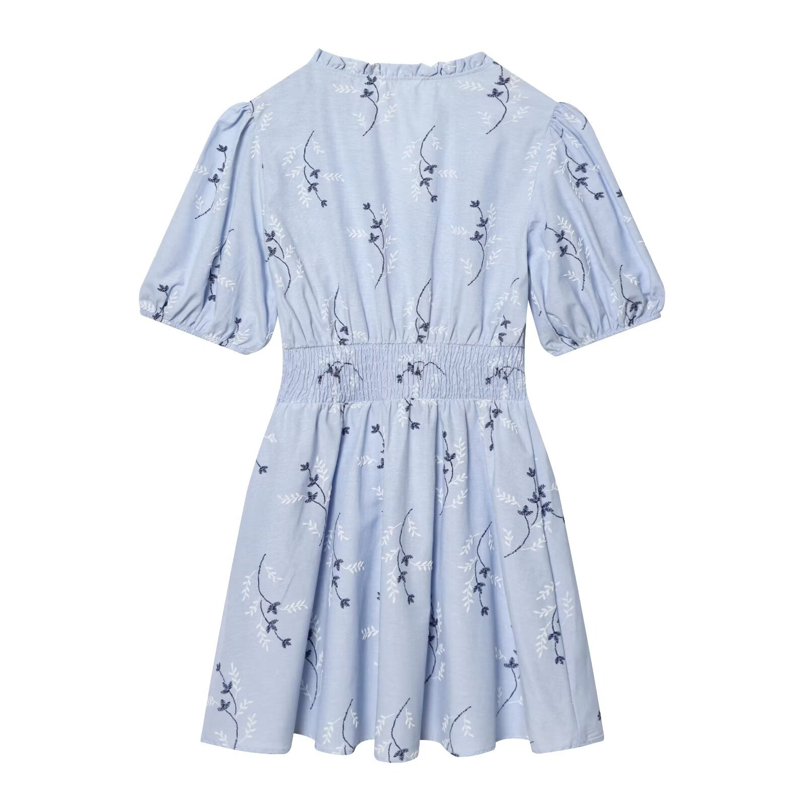 Hellblaues Sommerkleid: Elegante Stickerei, V-Ausschnitt & Taillierung S-L