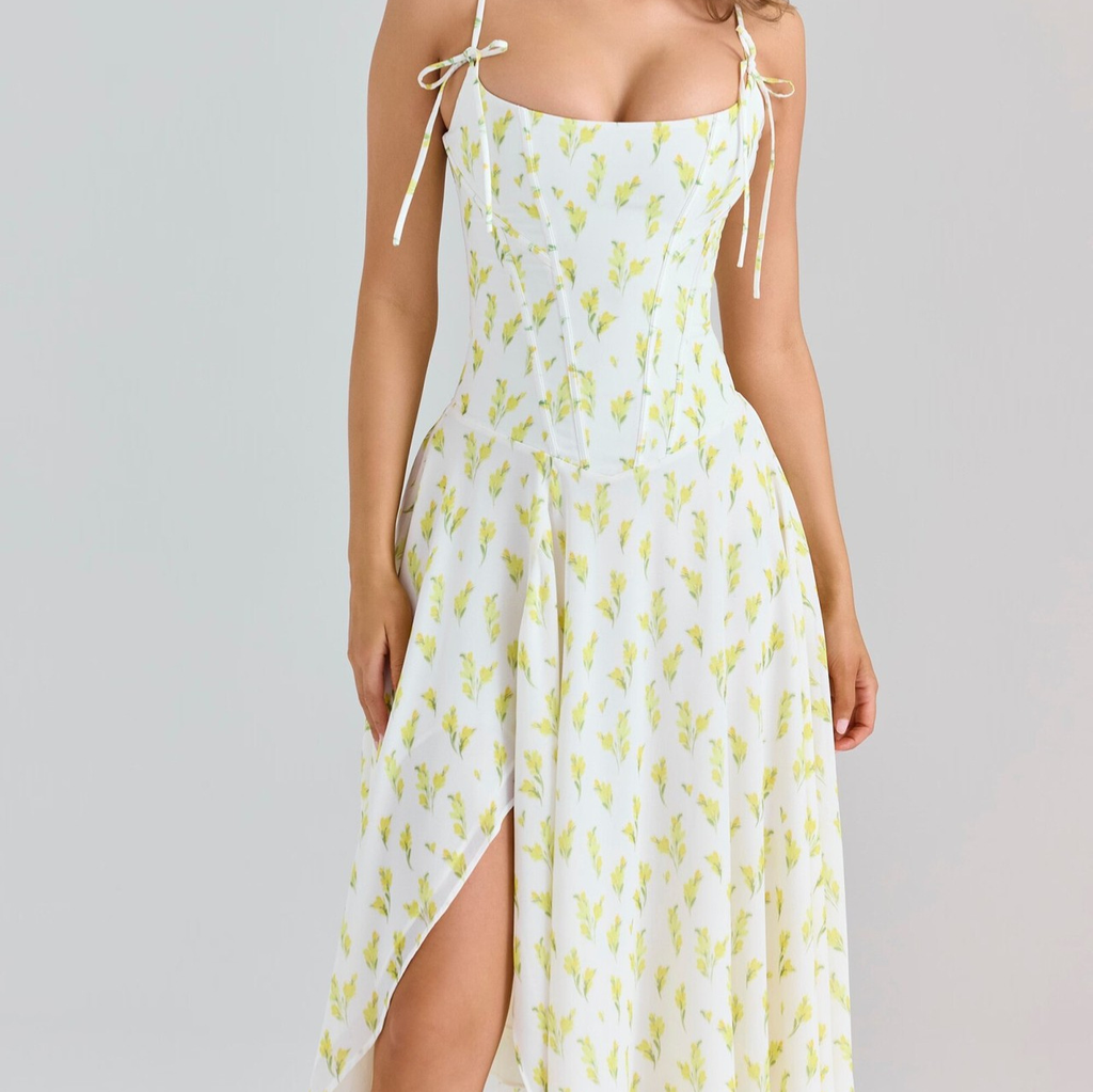 Hellgelbes Sommerkleid: Blumenmuster, Bindeträger & Beinschlitz, Midi S-L