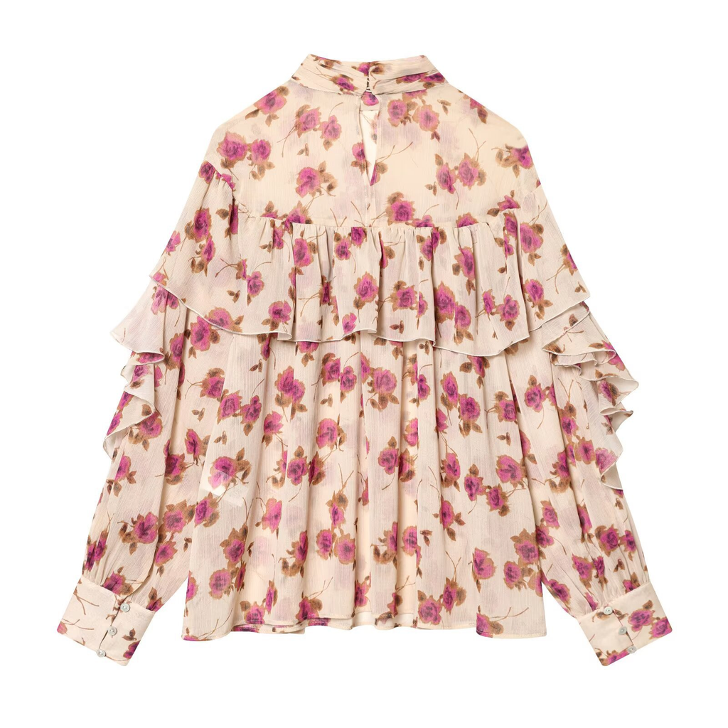 Rosa Boho-Bluse: Romantischer Blumenprint & elegante Stufen-Rüschen S-L
