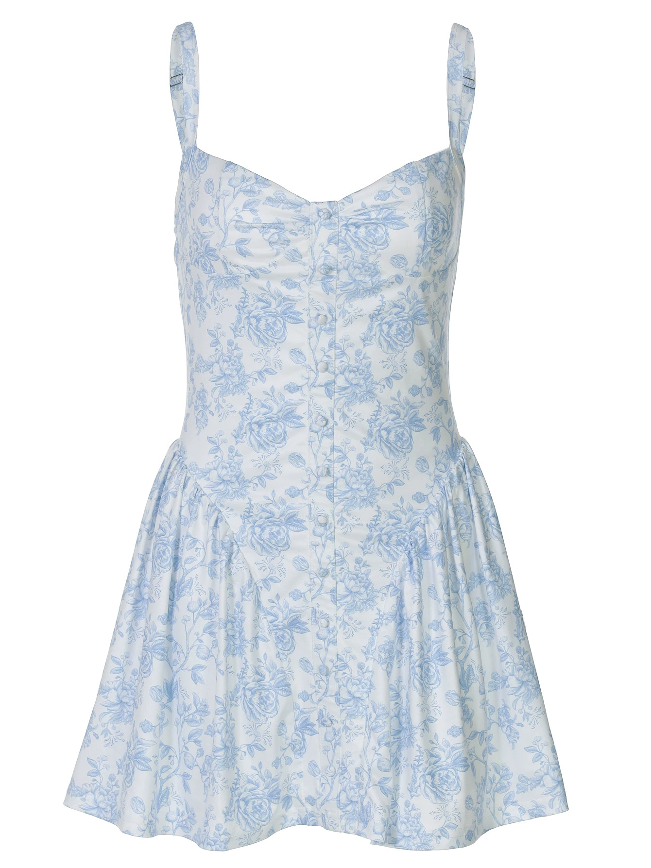 Damen Midikleid Blau-Weiß Floral: Spaghetti-Träger & Knopfleiste, Slim S-L
