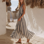 Blau-weiß gestreiftes Maxikleid: Boho Strandkleid mit V-Ausschnitt S-2XL