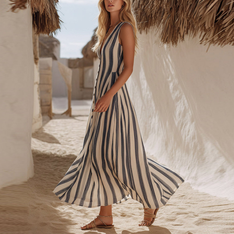 Blau-weiß gestreiftes Maxikleid: Boho Strandkleid mit V-Ausschnitt S-2XL