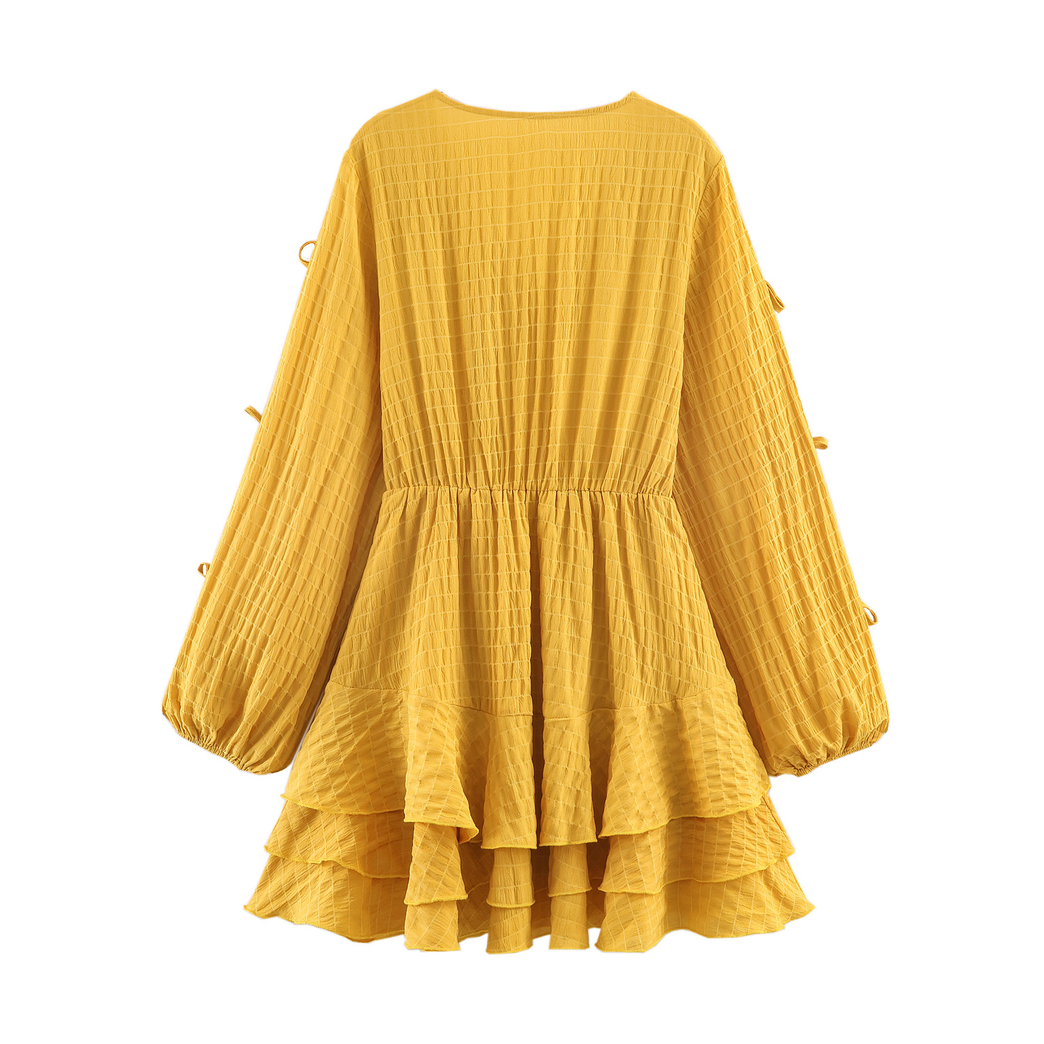 Gelbes Mini-Kleid: Strukturierter Stoff, V-Ausschnitt & Stufen-Design S-XL
