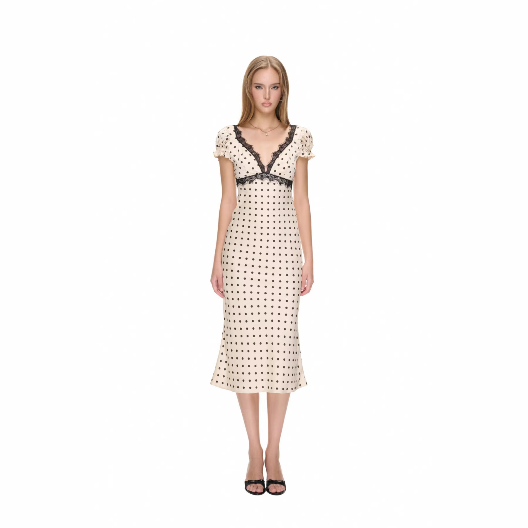 Weißes Polka-Dot-Kleid: Retro V-Ausschnitt, Spitze & Figurbetonte Form XS-L