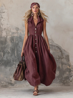 Weinrotes Leinen-Maxikleid: Ärmelloses A-Linien-Kleid mit Knöpfen S-2XL