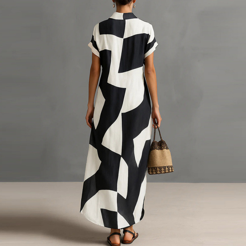 Schwarz-weißes Hemdblusenkleid: Maxikleid mit Grafik-Print & Schlitz S-2XL
