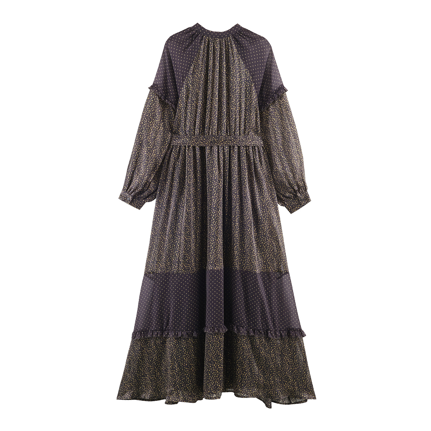 Braunes Boho-Maxikleid: Polka Dots, Rüschen & Weite Stufen-Silhouette S-L