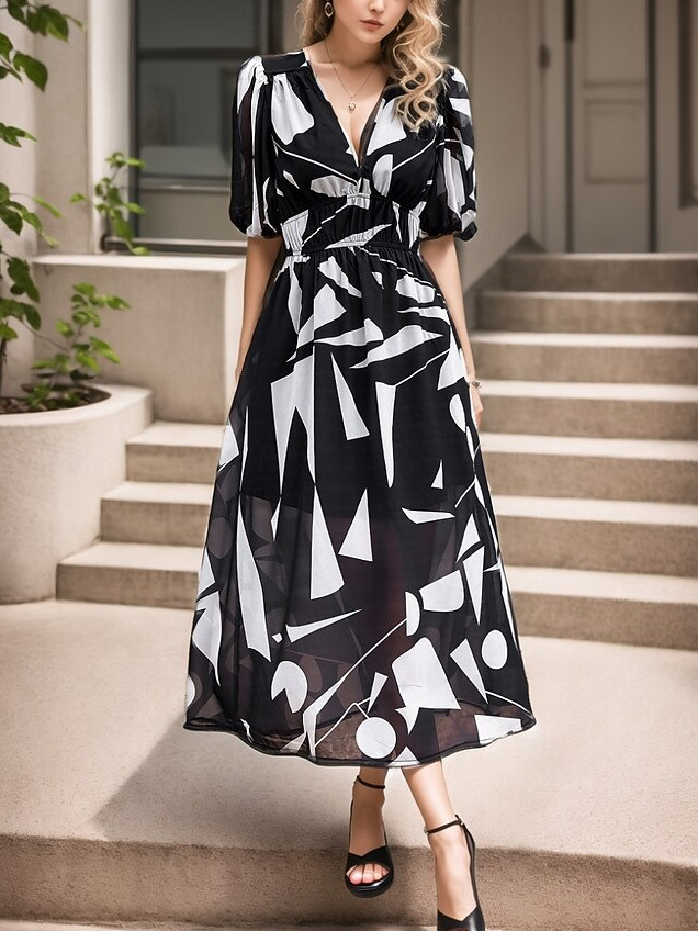 Schwarz-weißes Maxikleid: Grafik-Print, V-Ausschnitt & elegante Puffärmel S-2XL
