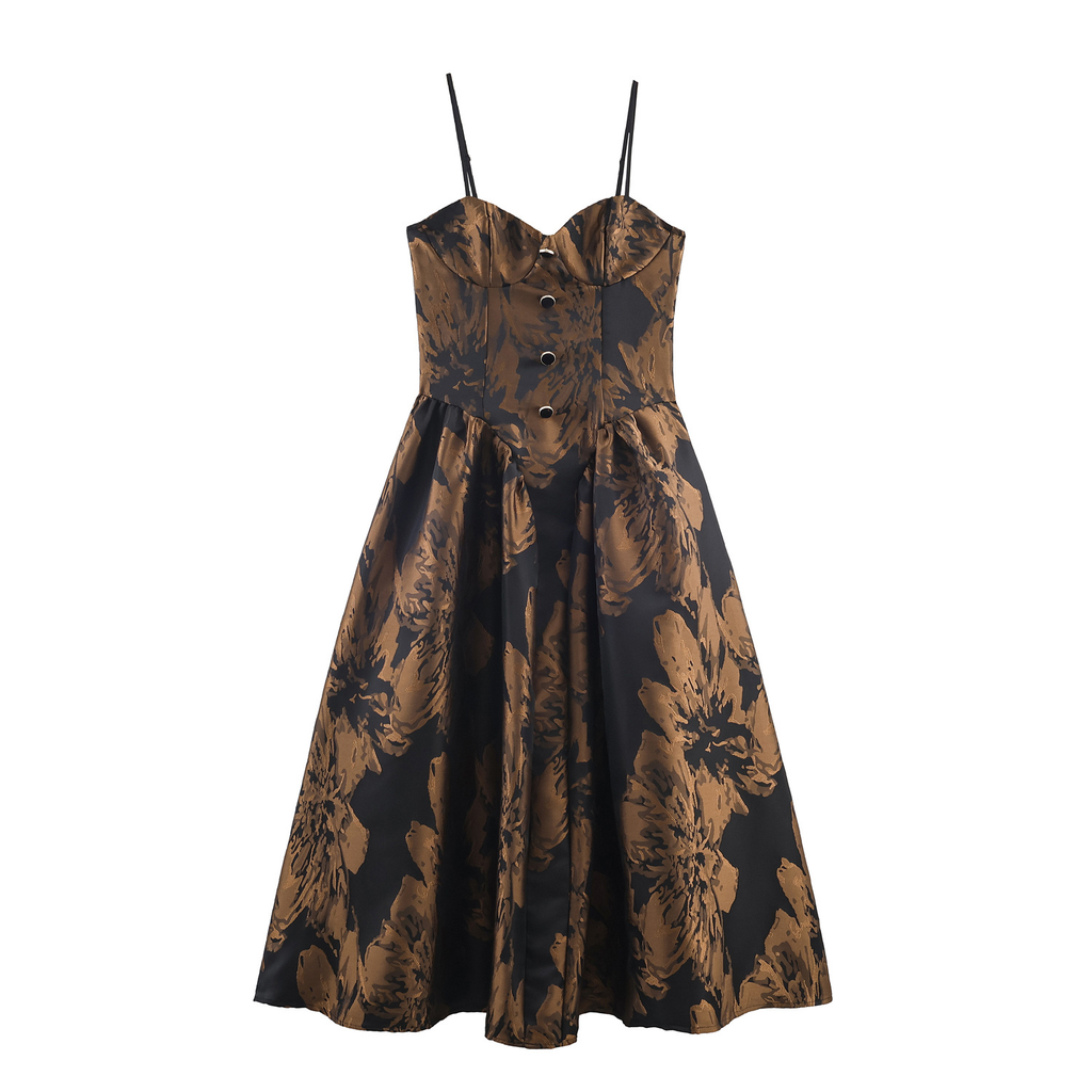 Braunes Jacquard-Kleid: Edle Corsage-Optik, Spaghetti-Träger & Maxirock XS-L