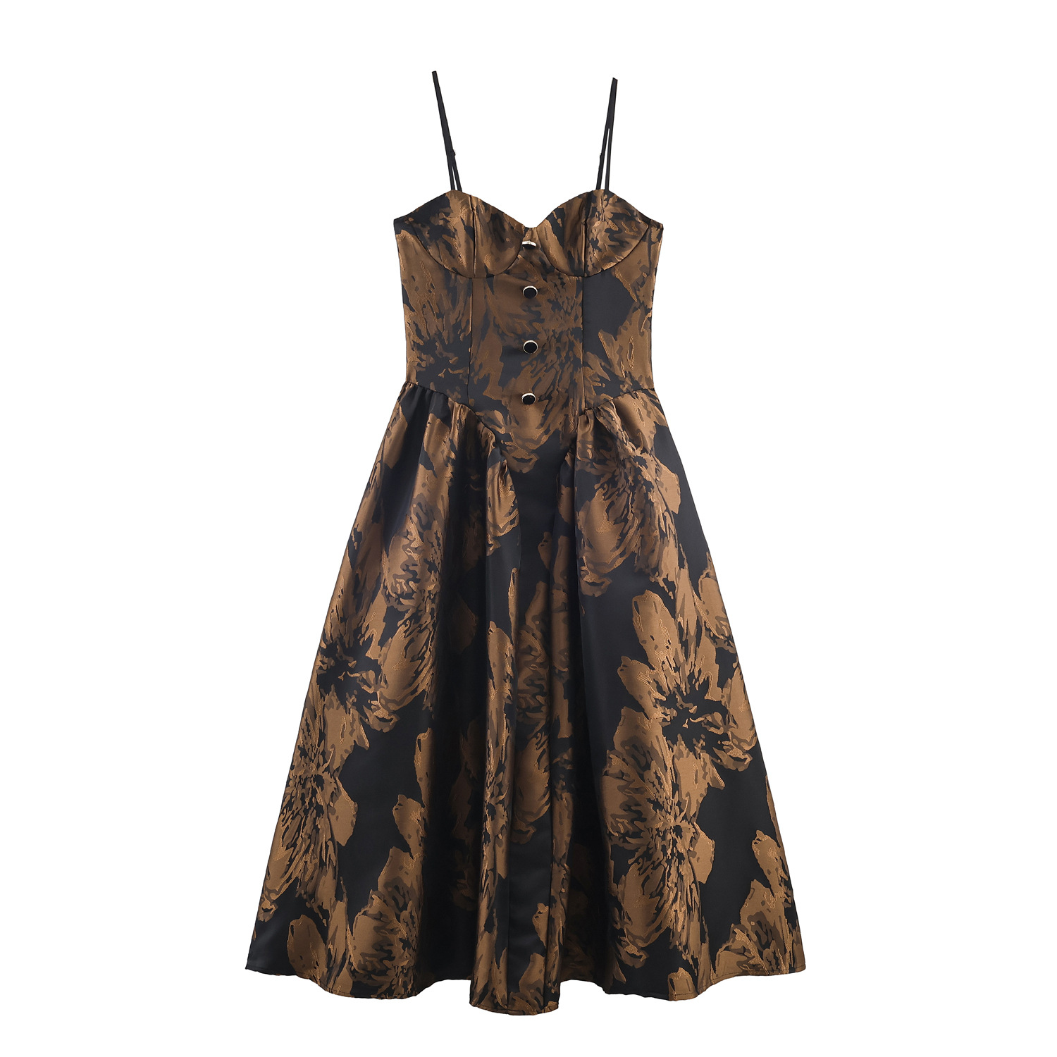 Braunes Jacquard-Kleid: Edle Corsage-Optik, Spaghetti-Träger & Maxirock XS-L