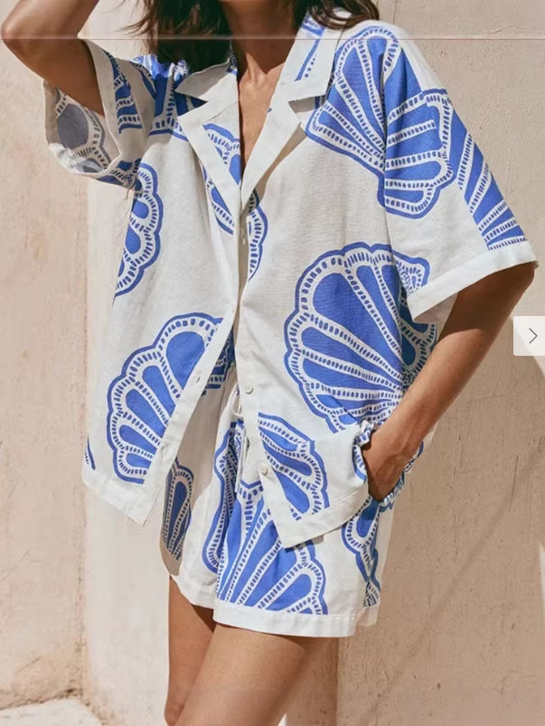 Hellblaues Boho Leinen Set: Kurzarm Hemd & Shorts, Sommer Zweiteiler S-2XL