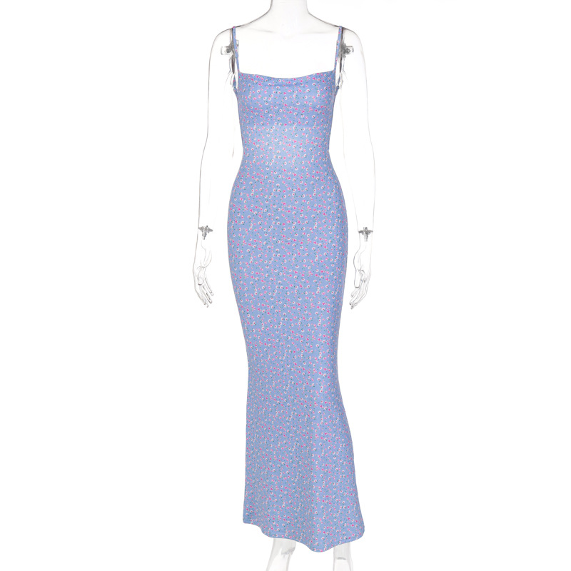 Damen Sommerkleid Blau Floral: Rückenfrei, Spaghetti-Träger & Slim Fit S-L