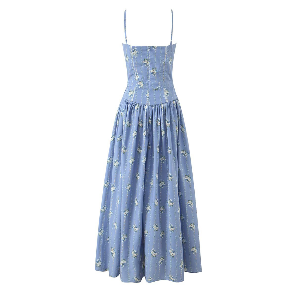 Hellblaues Midi-Sommerkleid mit Blumenmuster: Französischer Stil & Spitze S-L