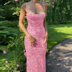 Damen Sommerkleid Rosa Floral: Rückenfrei, Spaghetti-Träger & Slim Fit S-L