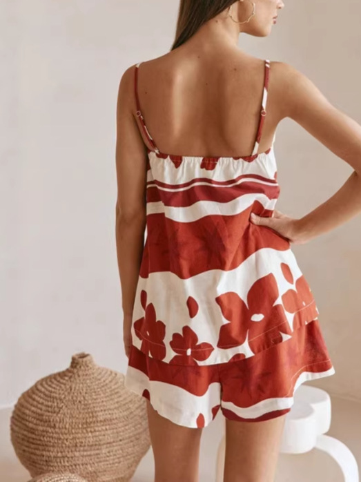 Rotes Leinen Set Damen: Boho Kurzarm Hemd & Weite Hose, Sommer Look S-2XL