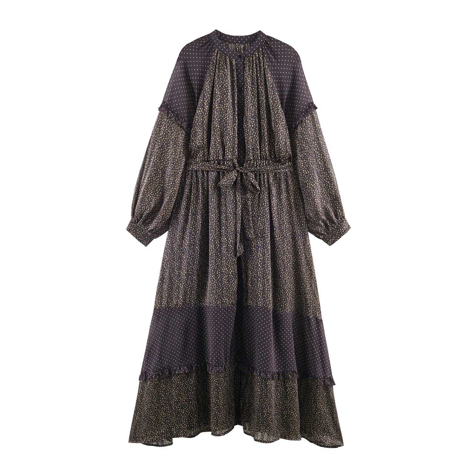 Braunes Boho-Maxikleid: Polka Dots, Rüschen & Weite Stufen-Silhouette S-L