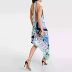 Türkises Neckholder-Kleid: Grafik-Print & asymmetrischer Maxischnitt S-2XL