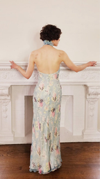 Hellgrünes Boho-Maxikleid: Blumenmuster, Stehkragen & Rüschen-Saum S-L