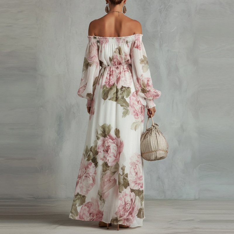Off-Shoulder Maxikleid in Weiß & Rosa: Elegantes Kleid mit Blumen S-2XL