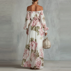 Off-Shoulder Maxikleid in Weiß & Rosa: Elegantes Kleid mit Blumen S-2XL