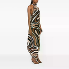 Braunes Neckholder-Kleid: Zebramuster & asymmetrischer Saum-Look S-2XL