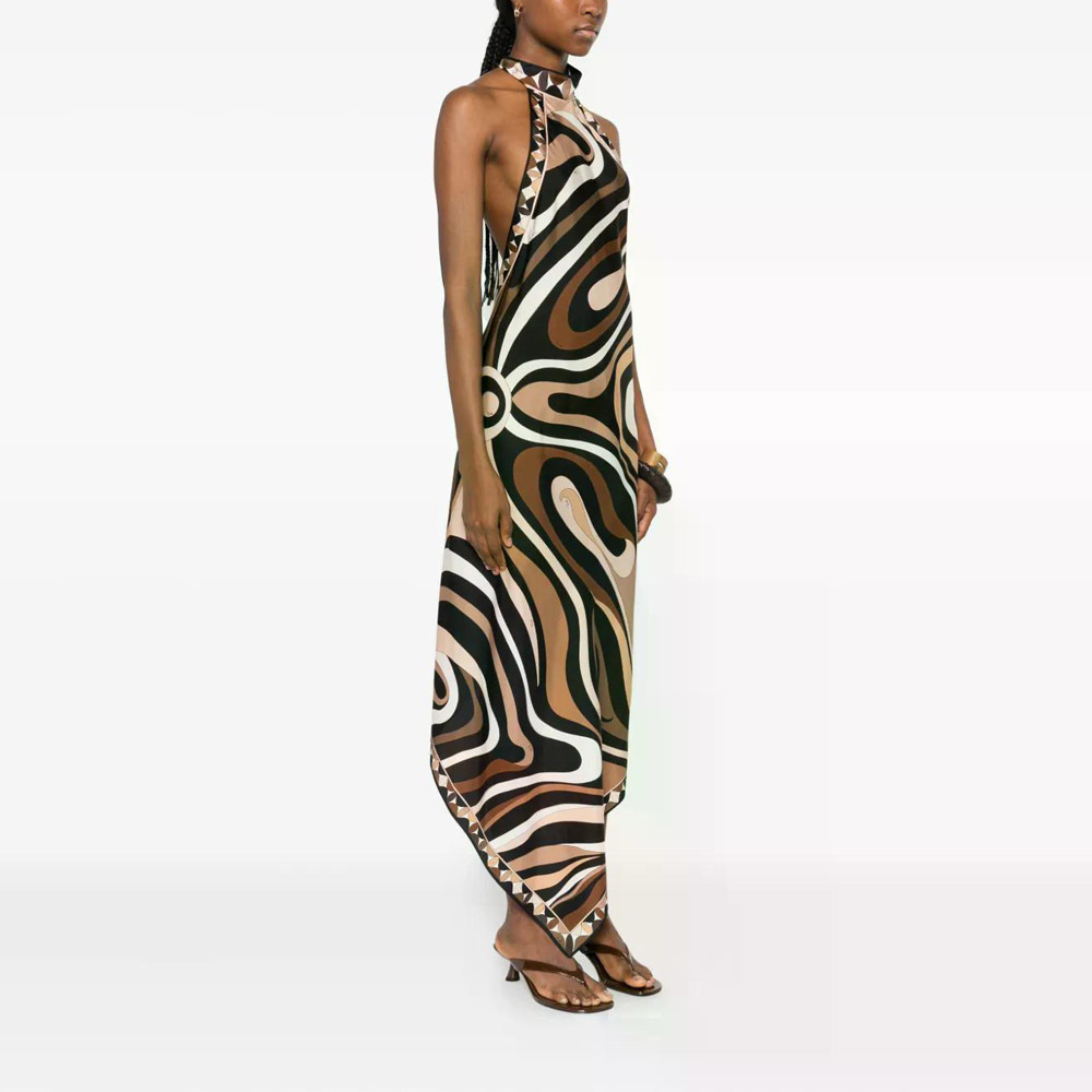 Braunes Neckholder-Kleid: Zebramuster & asymmetrischer Saum-Look S-2XL