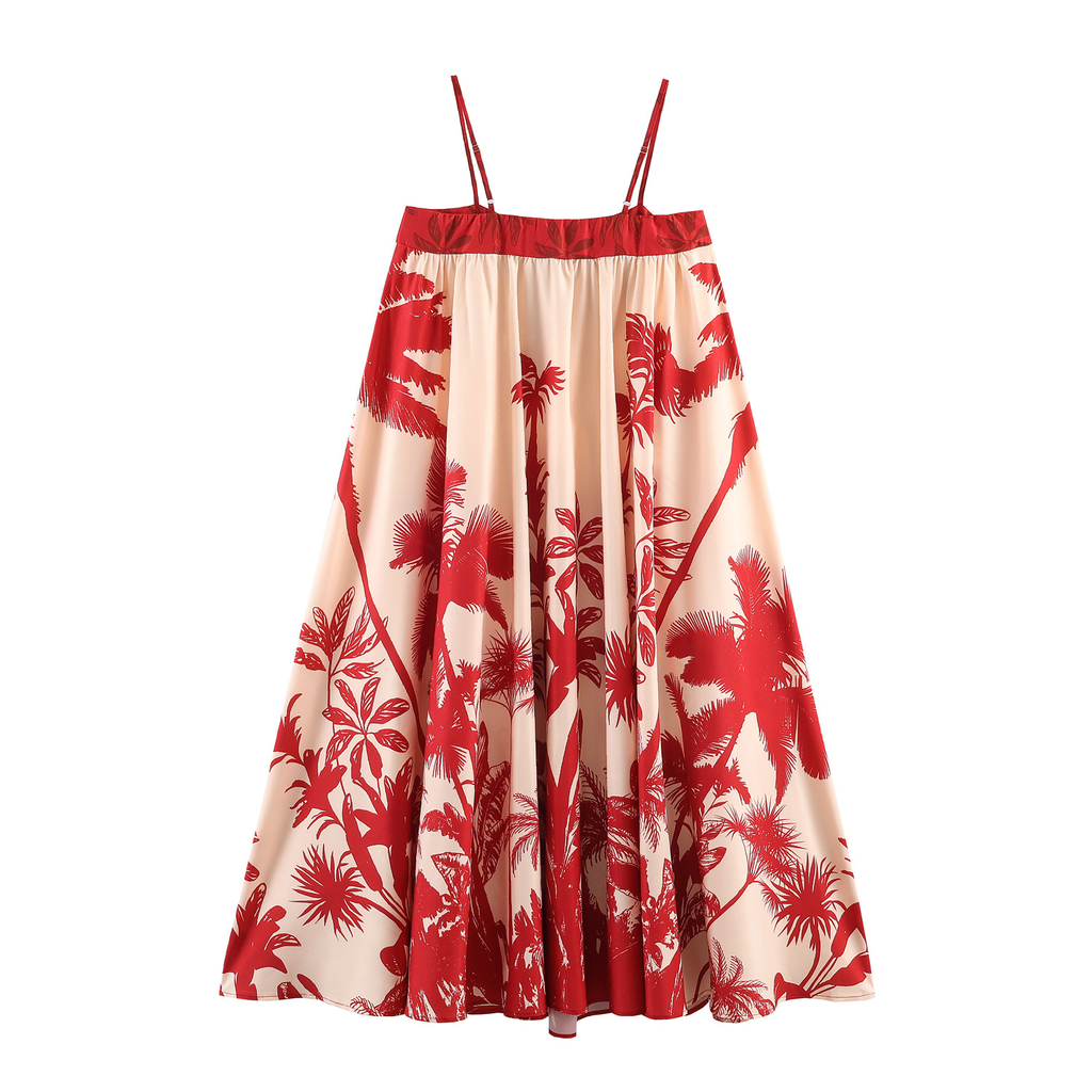 Rotes Maxikleid: Palmen-Print, Weite A-Linie & Spaghettiträger-Look S-XL