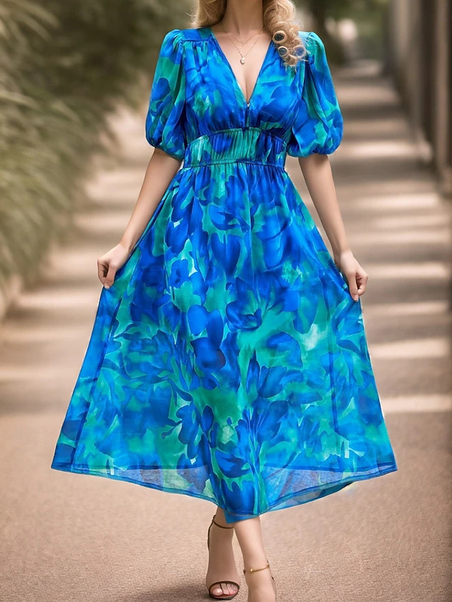 Blaues Maxikleid: Floraler Print, V-Ausschnitt & elegante Puffärmel S-2XL