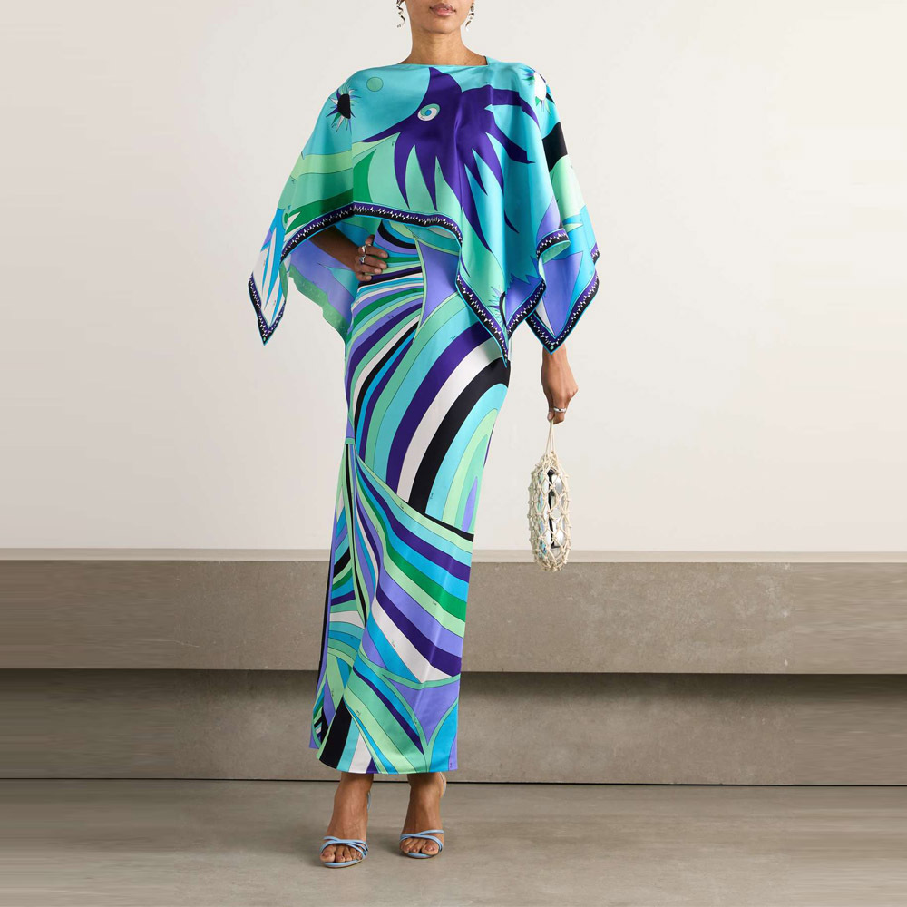 Türkises Set: Elegantes Maxikleid mit Cape & abstraktem Wellenprint S-2XL