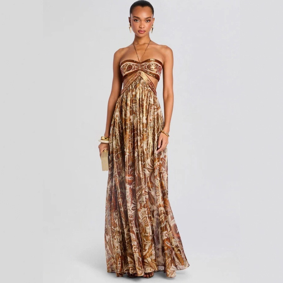 Braunes Boho-Maxikleid: Neckholder-Design & Seitliche Cut-Outs S-L