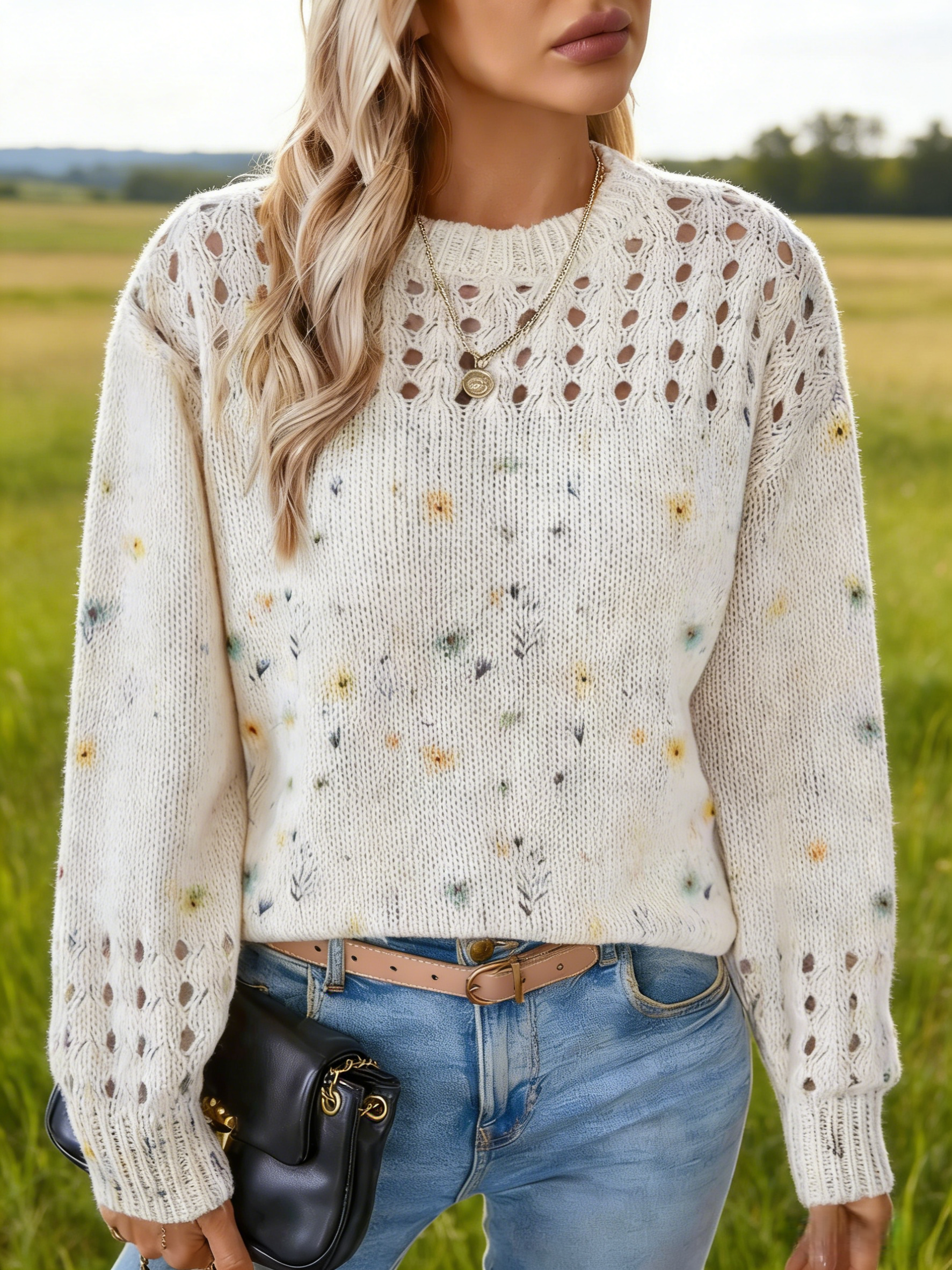 Damen Strickpullover Beige: Zarter Blumen-Print mit Ajour-Strick, Elegantes Lochmuster Oberteil für Frühling, Herbst & Winter S-4XL